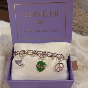 Charmelier Silver Bracelet with Green and Pink Charms